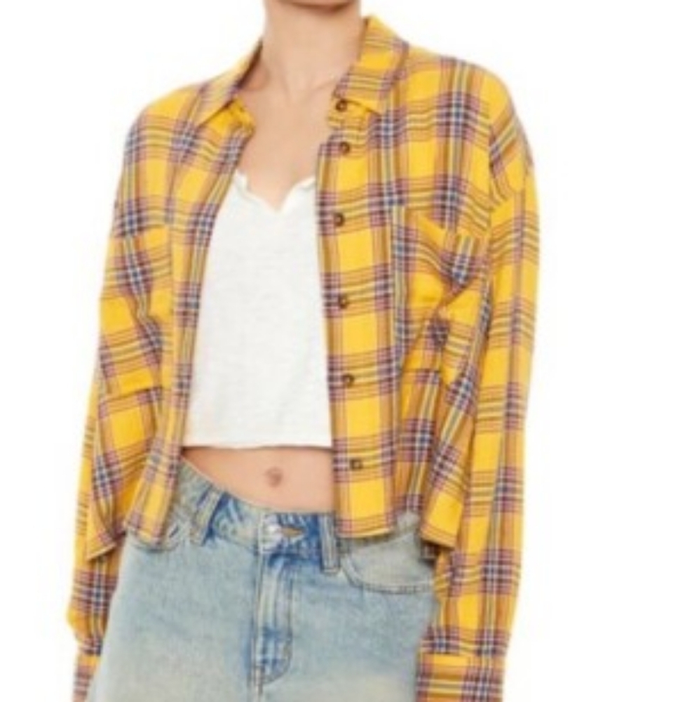 Forever 21, Women's Small Yellow Plaid Cropped Button-Up Long Sleeve Shirt